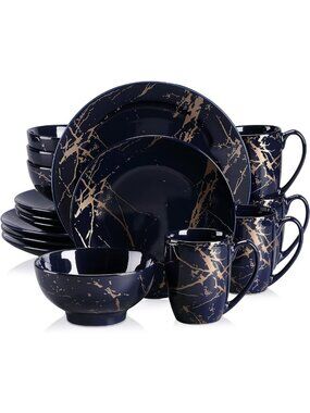 Elegant Dark Blue & Gold Porcelain Dinnerware Set for 4 - 16 Piece Service